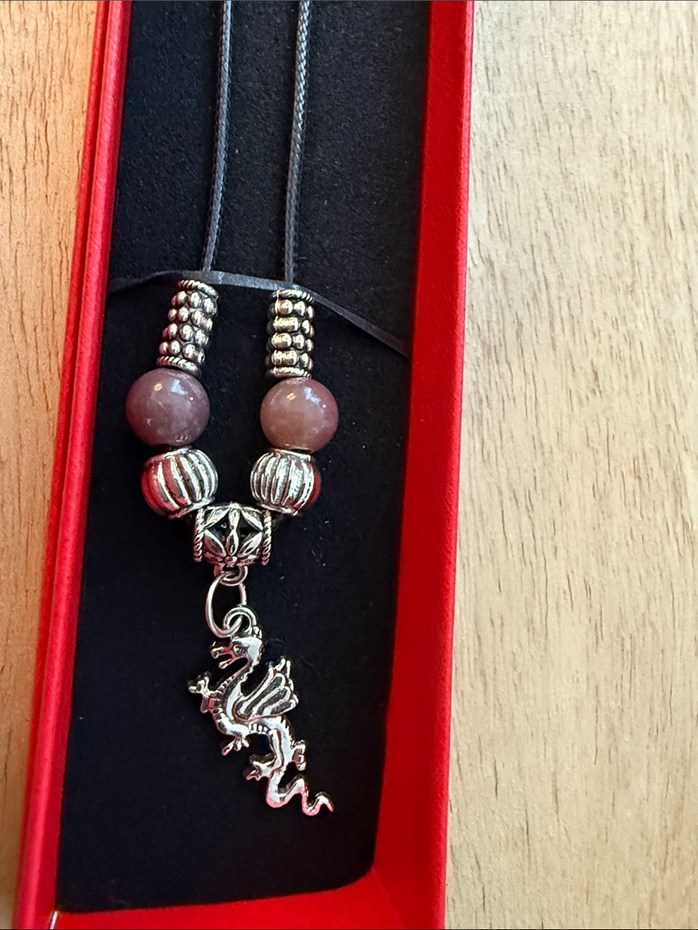 Silver Dragon Pendant Necklace with Mauve Beads
